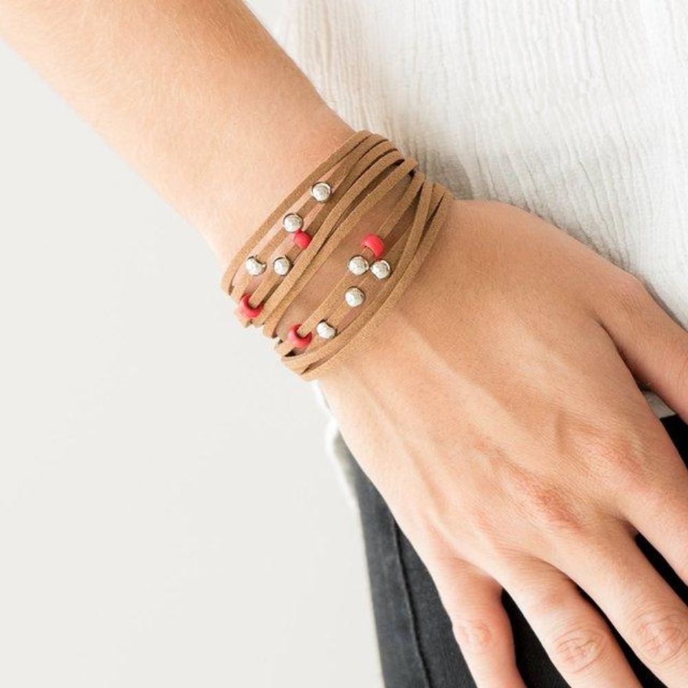 Stylish Tan and Red Wrap Bracelet